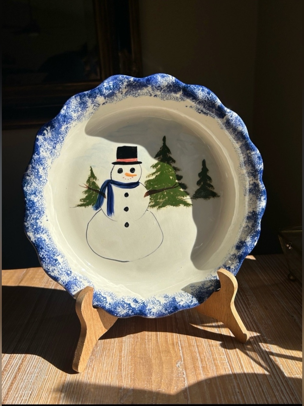 Vintage Stoneware Ruffled Spongeware Edge Snowman Christmas By Magnolia Place